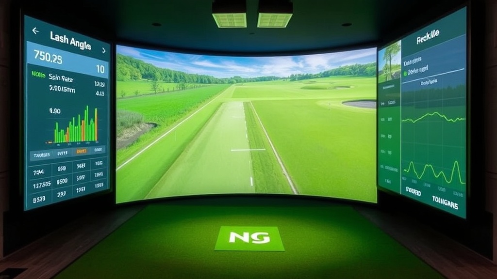 실내 골프 연습장에서 스크린에 표시된 런칭 앵글과 스핀량 데이터 분석 화면